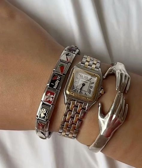 Italian Charm Bracelet Stack, Italian Bracelets Aesthetic, Jewellery Silver Aesthetic, Popular Jewelry Trends 2024, Jewelry Stack Silver, Watches Women Aesthetic, Bracelet Stack With Watch, Jewelry Collection Aesthetic, Italian Charm Bracelet Aesthetic