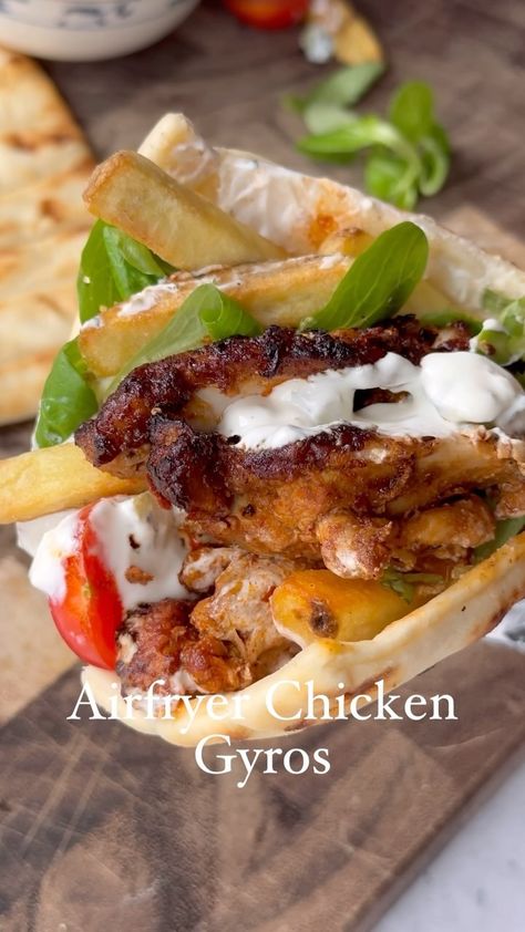 Airfryer Harissa Chicken Gyros 🥙 I am obsessed with Greek food, even more so these delicious gyros flavoured with harissa. For lots more… | Instagram Bored Of Lunch Air Fryer, Cucumber Lemon Juice, Recipes Tiktok, Harissa Chicken, Harissa Paste, Homemade Tzatziki, Chicken Gyros, Greek Food, Air Fryer Chicken