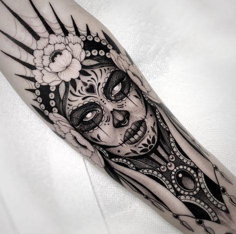 La Santa Muerte Tattoo, Mexican Skull Tattoos, Calavera Tattoo, Mexican Tattoo, Catrina Tattoo, Skull Girl Tattoo, Mexican Art Tattoos, Skull Sleeve, Skull Sleeve Tattoos