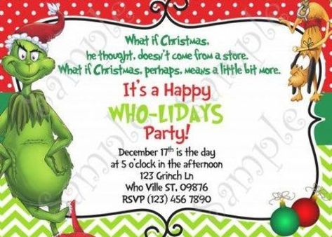 Grinch Christmas Party Invitation, Free Grinchmas card Grinchmas Ideas, Grinch Recipes, Christmas Party Invitations Free, Grinchmas Party, Recreational Therapy, Grinch Decor, Birthday Party Invitation Wording, Ward Christmas Party, Motto Party