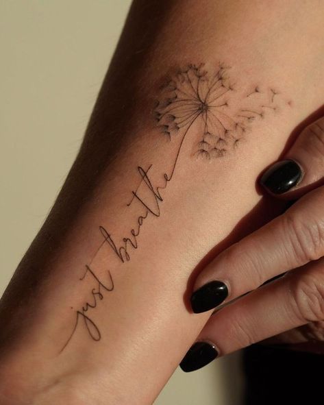 Wrist Dandelion Tattoo, Just Breathe With Dandelion Tattoo, Dandelion Arm Tattoos For Women, Wrist Tattoo For Woman, Just Breathe Finger Tattoo, Just Breathe Wrist Tattoos For Women, Let Them Tattoo With Dandelion, Wishie Tattoo, I Got This Tattoo