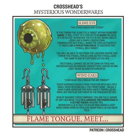 Homebrew Windchime Earrings & Slime Eye Magic Items for D&D 5E, Dungeons and Dragons, DnD made by CrossheadStudios Weird Magic Items Dnd, Windchime Earrings, Homebrew Magic Items, Fantasy Costco, Eye Magic, Homebrew Items, Cyberpunk Armor, Dnd Items, Magical Items