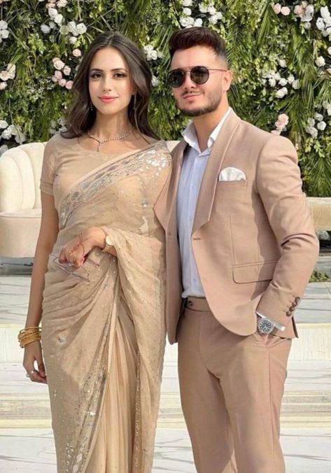 Couple dress outfits. Couple Dress Matching Indian, Ayesha Beig, Couple Dress Matching, Engagement Couple Dress, Wedding Matching Outfits, Shahveer Jafry, Beige Suit, Suit For Wedding, Reception Outfit