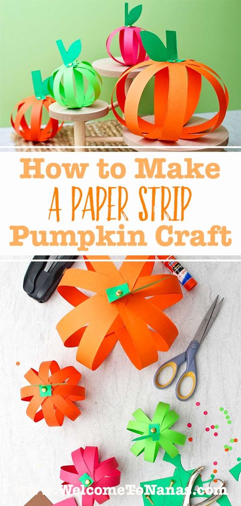 This simple How to Make a Paper Strip Pumpkin Craft is great for all ages to make with available materials. Makes a nice gift or decoration. #WelcometoNanas #PaperCraft #DIYPaperPumpkin #PumpkinCraft 3d Paper Pumpkin Crafts, Paper Strip Pumpkin Craft, Paper Strip Pumpkins, Construction Paper Pumpkin, Pumpkin Paper Crafts, 3d Pumpkin Craft, Diy Paper Pumpkins, Pumpkins Kindergarten, Paper Pumpkin Craft