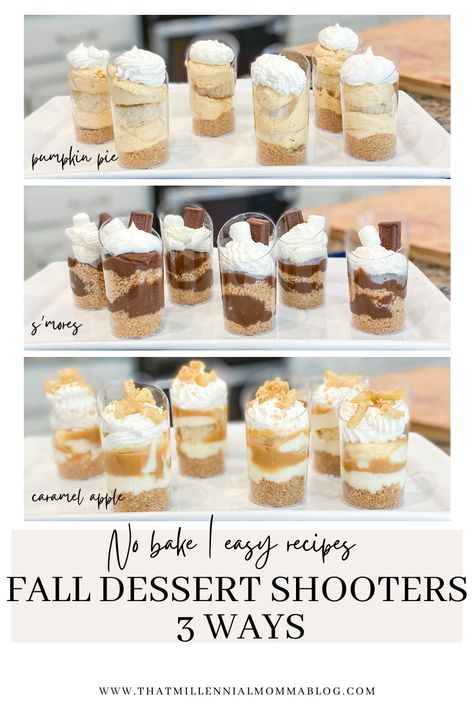 Mini Pumpkin Dessert Cups, Dessert Shooters No Bake, Wedding Desserts In A Cup, Mini Shooters Desserts, Mini Dessert Shooters Christmas, Blue Parfait Desserts, Fall Desserts Wedding, Shooter Glass Desserts, Fall Baby Shower Treat Table