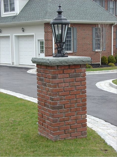 Driveway column (Sample Style Only). Use old brick on base (see other pin) Brick Columns Driveway, Reuse Old Bricks, Brick Mailbox, Brick Pillars, Brick Driveway, Shade Landscaping, Mailbox Landscaping, Brick Columns, Brick Projects