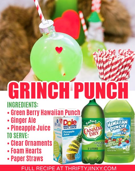 Grinchmas Party Snacks, Grinch Themed Dinner And Movie, Grinch Christmas Punch Recipes, Grinch Christmas Breakfast, Grinch Themed Meals, Grinch Punch Without Sherbert, Green Grinch Punch, Grinch Punch Recipe For Kids No Sherbert, Green Christmas Punch Nonalcoholic