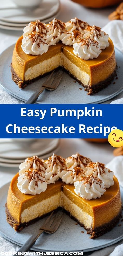 Need a show-stopping dessert that’s simple to prepare? Discover this Pumpkin Cheesecake Recipe that combines seasonal flavors with an effortless process, creating a family-friendly dessert that will impress your guests. No Bake Pumpkin Cheesecake, Pumpkin Pie Cheesecake, Pumpkin Cheesecake Recipes, Festive Desserts, Easy Cheesecake, Fall Dessert, Delicious Pumpkin, Homemade Pumpkin, Thanksgiving Desserts