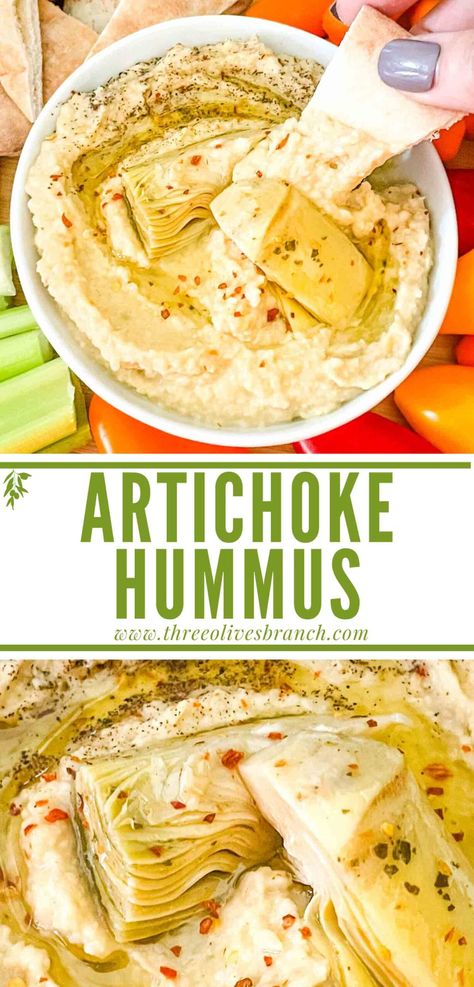 Artichoke Lemon Hummus is made with just a few simple ingredients! A healthy and protein packed vegetarian and vegan appetizer using artichoke hearts. Featuring Mediterranean flavors in a garbanzo bean chickpea dip. Gluten free. No tahini required. Artichoke Hummus Recipe, Vegan Artichoke Dip, Artichoke Heart Recipes, Chickpea Dip, Garbanzo Bean Recipes, Lemon Hummus, Chickpea Hummus, Vegan Appetizer, Tahini Recipe