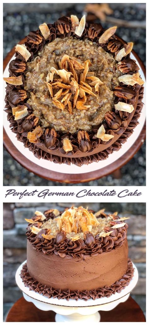 Pretty German Chocolate Cake, Decorated German Chocolate Cake, German Chocolate Cake Decorated, Bakery Favorites, German Chocolate Cake Recipe, Coconut Pecan Frosting, Coconut Frosting, Coconut Pecan, German Chocolate Cake