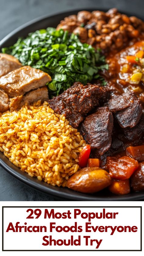 A plate of popular African foods including spicy stews, grains, and vibrant side dishes, showcasing the bold and flavorful cuisine from different regions of Africa. South African Side Dishes, African Food Ideas, African Cuisine Recipes, Different Cultures Food, African Vegetables, East African Food, African Food Recipes, African Dinner, African American Food