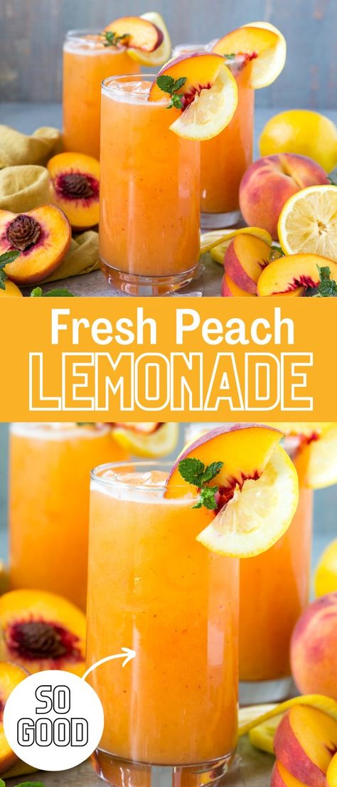 Fresh peach lemonade and easy summer drink made with just a few simple ingredients. Fresh Peach Drinks Non Alcoholic, Cool Lemonade Recipes, Peach Lemonade Aesthetic, Refreshing Peach Lemonade, How To Make Peach Lemonade, Peach Juice Recipes Healthy, Peach Mango Lemonade, Pretty Lemonade Drinks, Homemade Peach Lemonade