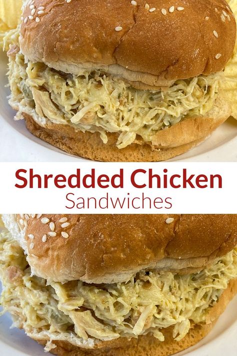 Collage of shredded chicken sandwiches on sesame seed buns Ohio Shredded Chicken Sandwiches, Ohio Shredded Chicken, Best Shredded Chicken, Shredded Chicken Recipes Easy, Shredded Chicken Sandwiches, Shredded Chicken Crockpot, Chicken Sandwich Recipe, Easy Shredded Chicken, Slow Cooker Shredded Chicken