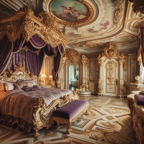 Rococo style bedroom in gold and purple. Created in microsoft bing. French Baroque Bedroom, Rococo Wallpaper Desktop, 1700s Bedroom, Baroque Bedroom Aesthetic, Baroque Bedroom Ideas, Rococo Room Decor, Purple Victorian Bedroom, Royalcore Bedroom, Fantasy Royal Bedroom