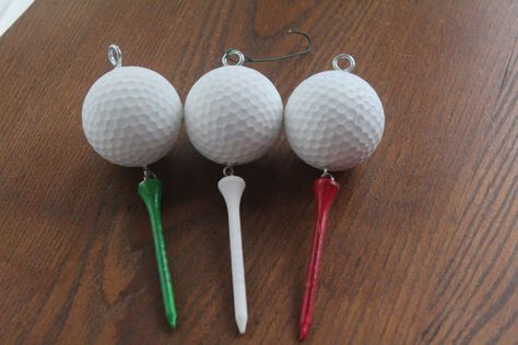 Golf Ball Christmas Ornaments Diy, Golf Tee Christmas Ornaments, Manly Christmas Ornaments Diy, Golf Tee Ornaments, Golf Ornaments Diy, Golf Ball Christmas Tree, Diy Golf Ornament, Golf Ball Christmas Ornaments, Golf Ball Ornaments Diy