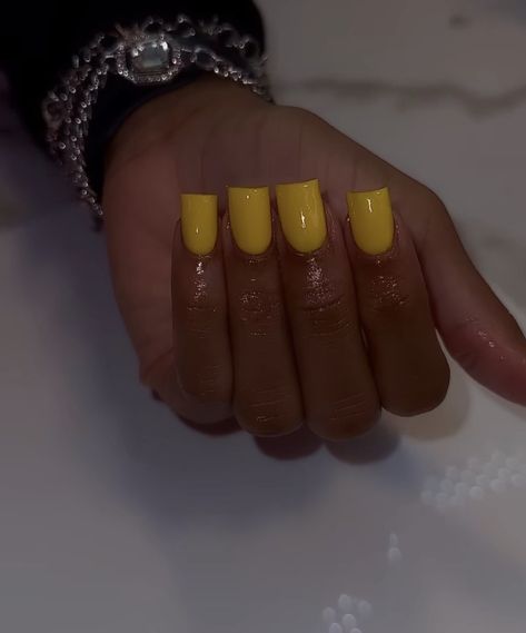 Cute Basic Nail Sets, Simple Nail Designs Yellow, Solid Yellow Nails, Short Square Acrylic Nails Yellow, Back2school Nails, Yellow Nails And Toes, Short Yellow Nails Design, Yellow Square Acrylic Nails, Square Yellow Nails