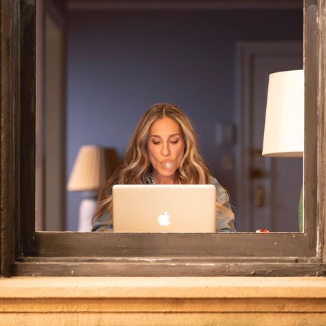 And Just Like That... Costumes’s Instagram profile post: “Carrie writing at the window #classic #107 #costumediary 💖🛎” Carrie Bradshaw, A Woman, Laptop, Computer, Funny, Instagram