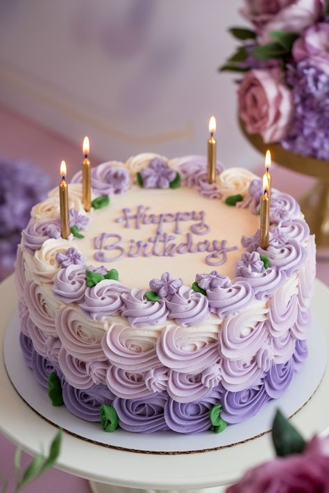 Purple Rosette Birthday Cake with Buttercream Flowers Purple Ombre Cake Ideas, Purple Flowers On Cake, Lavender Birthday Cake Simple, Lilac Birthday Theme, Womans Birthday Cake, Purple And Gold Cakes, Purple Birthday Cake Aesthetic, 14th Birthday Cakes Girl, Purple 18th Birthday Cake