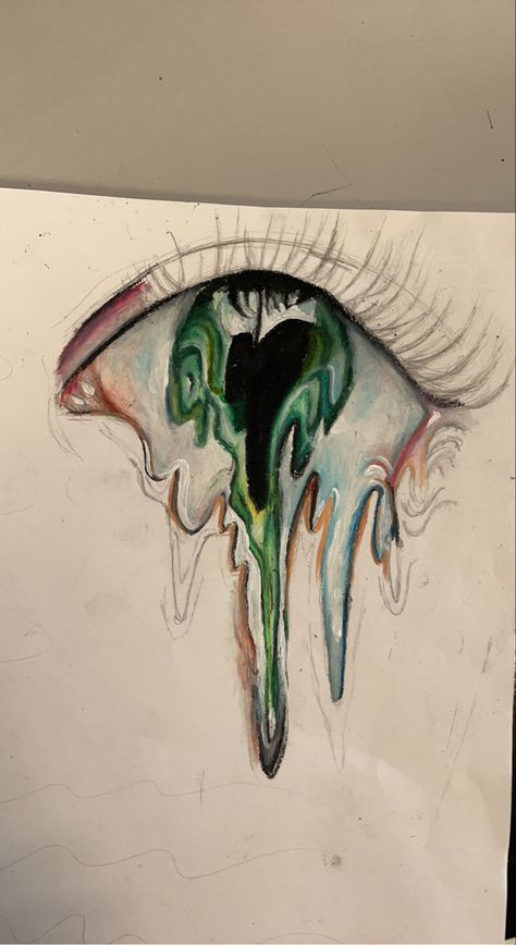 distorted melting coloured eye style Dripping Eye Painting, Brain Melting Art, Contrast Drawing Ideas Colour, Gcse Art Eye Page, Eye Dripping Art, Melting Art Drawing, Distortion Sketch, Surrealism Eye Drawing, Strange And Fantastic Gcse