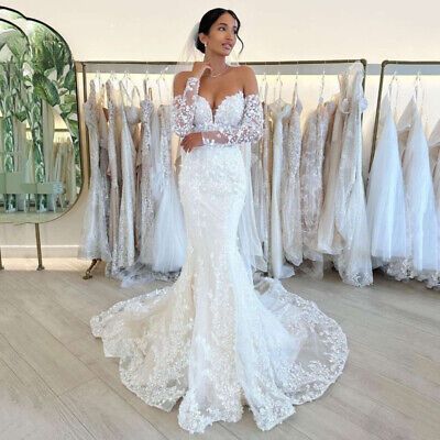 Luxury Mermaid Wedding Dress Lace Long Sleeve Sweetheart Bridal Gown Sweep Train  | eBay -  #Bridal #Dress #eBay #Gown #Lace #Long #Luxury #Mermaid #Sleeve #Sweep #Sweetheart #Train #Wedding Wedding Dresses Fitting, Off The Shoulder Long Sleeve Fitted Wedding Dress, Dentelle Wedding Dress, Simple A Line Wedding Dress With Sleeves, Off Shoulder Puff Sleeve Wedding Dress, Low Cut Back Wedding Dress, Lace Mermaid Wedding Dress Open Back, Long Sleeve Fitted Wedding Dresses, Cinderella Wedding Dresses