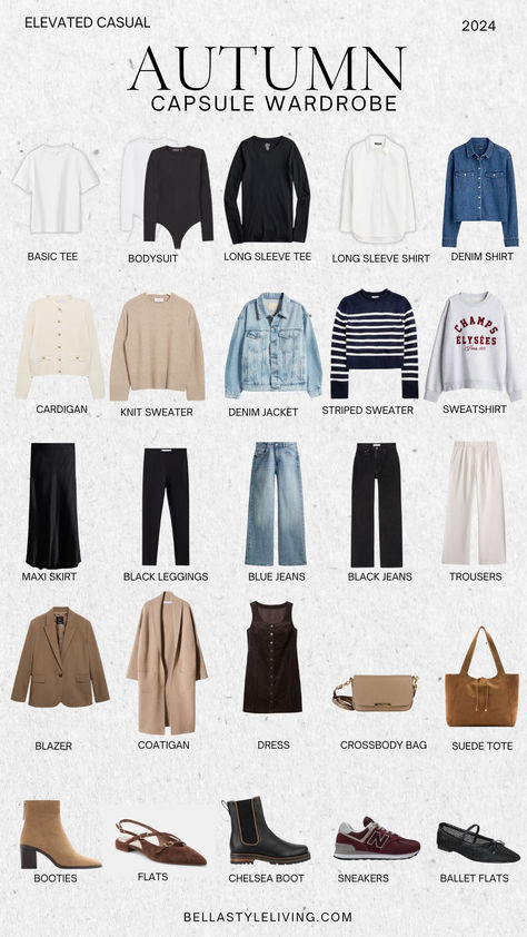 25 Classic Fall Capsule Wardrobe Essentials to Wear Now Capsule Wardrobe And Outfits, Fall Elevated Casual, Elevated Basics Outfit Fall, Casual Capsule Outfits, One Week Outfit Travel, Fall Classic Capsule Wardrobe, Fall Essentials Wardrobe 2024, Autumn Capsule 2024, Classic Capsule Wardrobe 2024