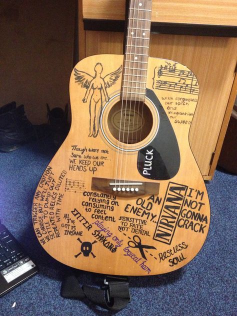 My guitar. Art. Nirvana. Lyrics. Nirvana Guitar, Nirvana Lyrics, Acoustic Guitar Art, Band Room, Guitar Artwork, Acoustic Guitar Music, Guitar Riffs, Guitar Obsession, Ukulele Chords