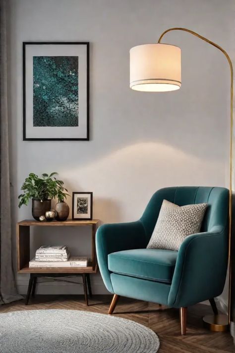 Stylish reading corner with DIY cushions Reading Corner Hallway, Reading Sofa Corner, Reading Corner Apartment Small Spaces, Corner With Chair Decor, Interior Corner Design, Hallway Chair Ideas, Reading Nook In Master Bed, Reading Corner Minimalist, Reading Nook Corner Small Spaces