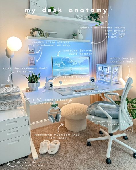 ani🌀 | new year, new changes ✨ As you know, I get bored easily and I had been wanting to make tiny changes to my desk. One of those changes was… | Instagram Clean Modern Desk Setup, Pc Setup Decor, White Desk Set Up, White And Wood Desk Setup, Cute Pc Set Up, White Office Aesthetic, Desk Ideas White, Tiny Desk Setup, White Set Up