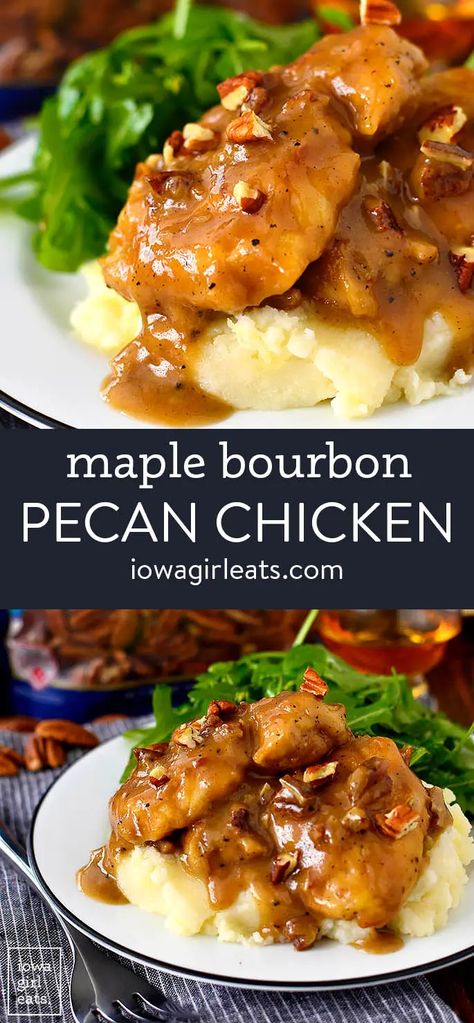 Maple Bourbon Pecan Chicken is sinfully delicious - you'll lick your plate clean! This 1-skillet chicken recipe is ready in just 20 minutes. iowagirleats.com keywords: dinner recipes, dinner ideas, gluten free recipes, gluten free dinner recipes, gluten free dinner ideas, gluten free dinners easy, chicken recipes, chicken breast recipes Bourbon Pecan Chicken, Philsbury Recipes, Recipes Gluten Free Dinner, Pilsbury Recipes, Crossant Recipes, Gluten Free Chicken Recipes, Arbonne Recipes, Skillet Dinner Recipes, Pecan Chicken