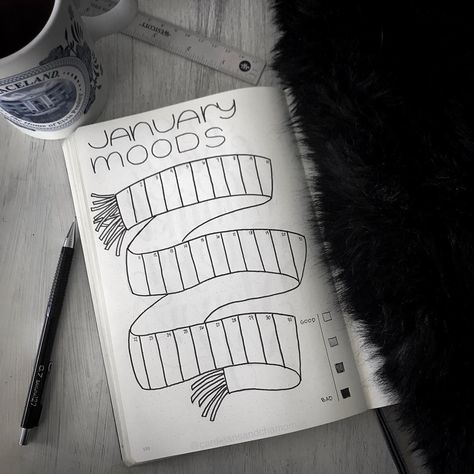 Finally getting around to getting my month set up! Trying to think warm thoughts with this monochrome scarf mood tracker. ☺️ #bulletjournal #bujo #bujomonthly #moodtracker #bujobeauty #bujocommunity #winterishere #warmandcozy #showmeyourplanner #cardigansandchamomile Journal Mood Tracker Ideas January, Bujo January Mood Tracker, January Mood Tracker, Winter Doodles, Bullet Journal Tracking, August Bullet Journal Cover, Bullet Journal Yearly, Bullet Journal Weekly Layout, February Bullet Journal