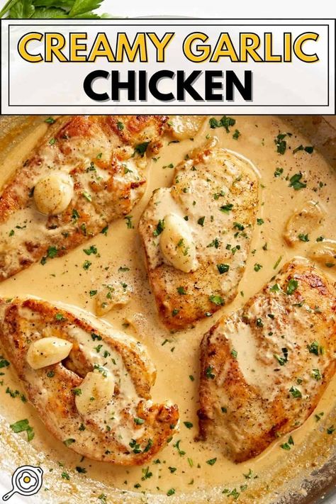 This Creamy Garlic Chicken will leave you speechless! It’s made with a luscious, garlic-infused sauce and it's perfect for an easy weeknight meal. Olive Oil Sauce, Creamy Garlic Chicken Recipes, Wellness Magazine, Creamy Chicken Recipes, Creamy Garlic Chicken, Creamy Garlic Sauce, Garlic Chicken Recipes, Budget Bytes, Fitness And Wellness