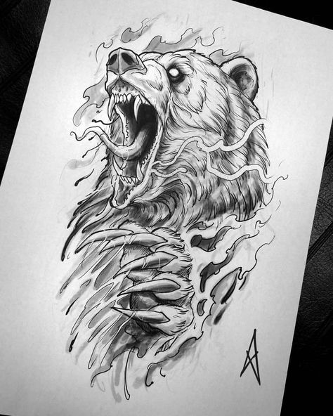 #bwmentality #blackandwhite #blackandgrey @artof_black #artof_black #blackworkerssubmission #blackworkers_tattoo #illustrativetattoo… Grizzly Bear Tattoos, Bear Tattoo Designs, Tier Tattoo, Kunst Tattoos, Bear Tattoos, Men Tattoos, Norse Tattoo, Nordic Tattoo, Geniale Tattoos