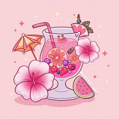 🌺 did some say fruity drinks? No? Just me? Okay 😂😂 had to put my lil kitty floating in the drink cause who wouldnt wanna be in theree 😂 🍒🍇🍉… | Instagram Pink Drink Drawing, Strawberry Aesthetics, Ncndr Wallpaper, Drinking Drawing, Magical Drinks, Acnh Garden, Fancy Wallpaper, Sticker Typography, Drink Art