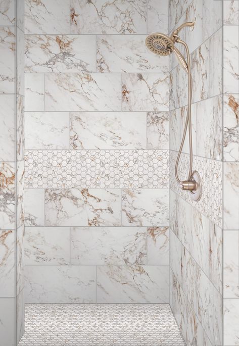 Calacutta Bianco Porcelain Tile Bathroom, Tile Ideas For Bathroom Walls, Marble Vs Porcelain Tile, Shower Tile Wall Ideas, Marble Look Porcelain Tile Bathroom Shower Walls, Large Porcelain Tile Shower Walls, Carrera Tile Bathroom, Calcutta Tile Bathroom, Vintage Shower Tile Ideas