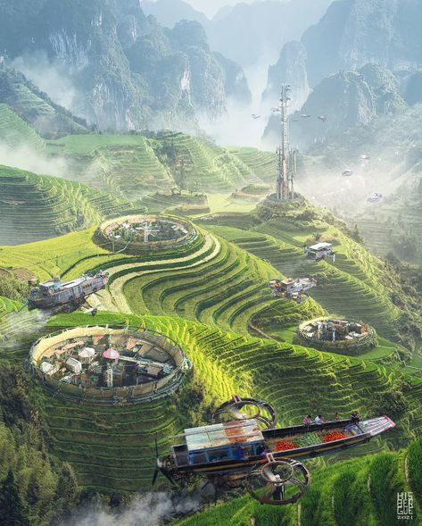 Futuristic Fantasy World, Futuristic Jungle City, Futuristic Africa, Solarpunk City, Solar Punk, Paddy Field, Sapa Vietnam, Sci Fi Landscape, Sci Fi City