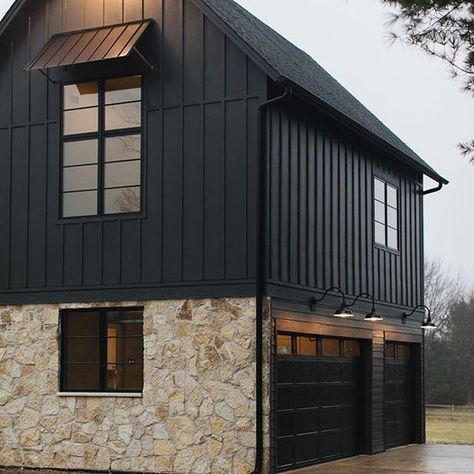 The 8 Options We're Deciding Between for Our Exterior! - Chris Loves Julia Black Garage Doors, Black Houses, Board And Batten Siding, Casa Exterior, Black House Exterior, Exterior Remodel, Exterior Stone, Farmhouse Exterior, Board And Batten