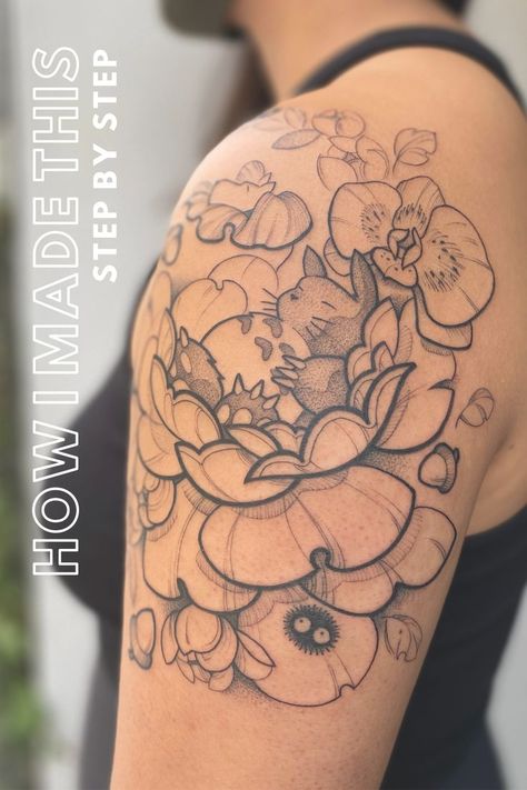 Shows a shoulder with fresh black linework tattoo of Totoro from Studio Ghibli, sleeping in flowers. With black line details and shading. My Neighbor Totoro Tattoo, Totoro Tattoo, Tatuaje Studio Ghibli, Ghibli Tattoos, Studio Ghibli My Neighbor Totoro, Dna Tattoo, Studio Ghibli Tattoo, Ghibli My Neighbor Totoro, Ghibli Tattoo