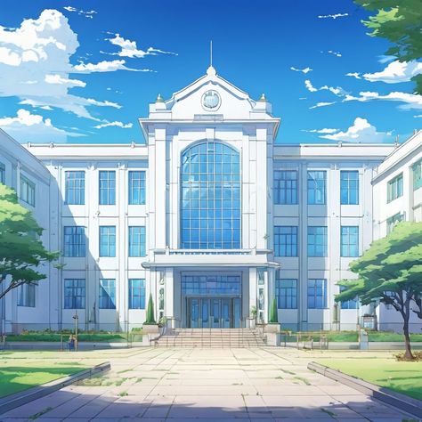 Anime-style school building by Шон Ву - Playground School Drawing Building Anime, School Building Drawing Reference, Anime Academy Building, Anime Orphanage Building, Anime School Building, Futuristic School Building, Anime School Aesthetic, School Illustration Art, Anime School Background