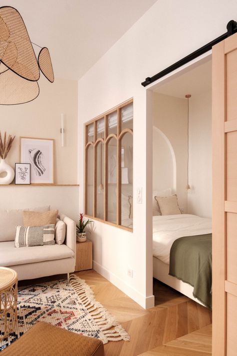 How To Create A Bedroom Inside A Tiny Studio Apartment? - Decoholic Tiny Parisian Apartment, Cream Bedroom, Home Office Guest Room Combo, Tiny Studio Apartments, Bedroom Dark, Home Office/guest Room, Studio Apartment Living, Room Dark, Bedroom Pink