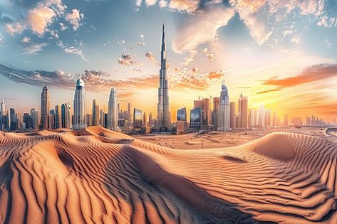 Photo dubai downtown skyline panorama at... | Premium Photo #Freepik #photo Uae Desert, Dubai Downtown, Real Estate Pictures, Dubai Skyline, Building Images, Dubai Real Estate, Modern Metropolis, Dubai Desert, Cityscape Photography