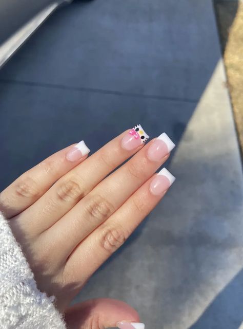 Cute Square Shaped Nails, Hello Kitty Manicure, French Tip Hello Kitty Nails, Nails Middle Length, Paznokcie Hello Kitty, Nude Nail, Grunge Nails, Colored Acrylic Nails, Girly Acrylic Nails