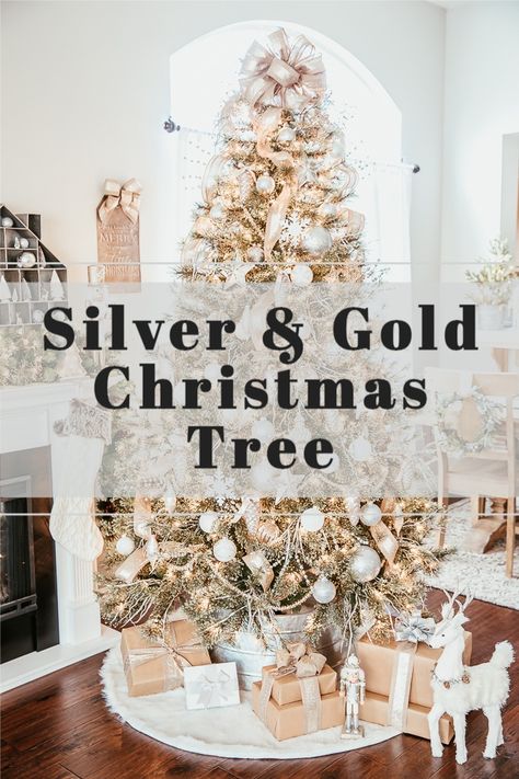 White And Gold And Silver Christmas Tree, Silver And Glass Christmas Tree, Christmas Tree Decorations Gold Silver, Christmas Tree Ideas Silver And Gold, Silver And Gold Christmas Trees, Silver Gold And White Christmas Tree, Silver And Gold Christmas Tree Decor, Gold Silver And White Christmas Tree, Gold And Silver Christmas Tree Ideas