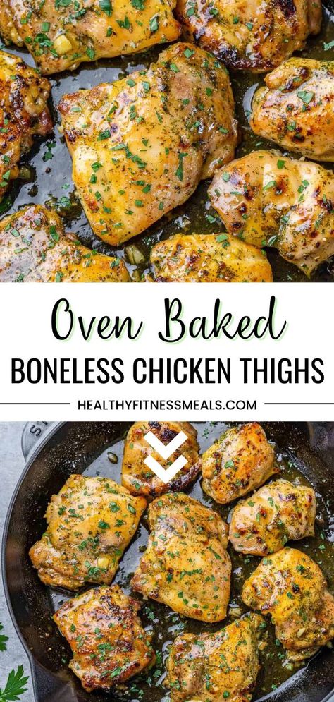 These Oven Baked Boneless Chicken Thighs are so tender, juicy, and packed with flavor. Perfect for any day of the week and great to use over salads or used for sandwiches or tacos. Even though chicken breasts are much leaner than chicken thighs, chicken thighs do come out quite tender and juicy. These baked chicken thighs are boneless and skinless, made with some broth, honey, garlic, and seasonings. Sweet and tangy-flavored chicken is our go-to way to prepare chicken. Oven Baked Boneless Chicken Thighs, Baked Skinless Chicken Thighs, Boneless And Skinless Chicken Thighs, Baked Boneless Chicken, Chicken Thighs Baked, Baked Boneless Chicken Thighs, Chicken Thighs Dinner, Oven Baked Chicken Thighs, Healthy Baked Chicken