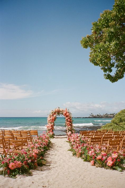 Hannah + David | Wedding Event Floral Design | Katie Wachowiak Beach Wedding Colorful, Beach Wedding Florals, Floral Beach Wedding, Beach Marriage, Flower Beach Wedding, Colorful Beach Wedding, Pink Beach Wedding, Beach Wedding Pink, Colorful Weddings