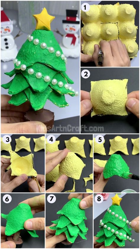 Christmas Tree using Egg Carton Tutorial for Kids - Kids Art & Craft Christmas Tree Egg Carton, Preschool Crafts With Egg Cartons, Egg Carton Snowman Craft, Crafts To Do With Egg Cartons, Diy Christmas Tree Recycled Materials, Crafts With Egg Cartons Kids, Cardboard Box Projects, Cardboard Tube Crafts Christmas, Christmas Recycled Crafts For Kids