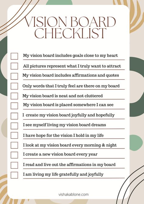 Vision Board Checklist for manifestation - Vishaka Blone My Life Vision Board, Vision Board For Beginners, 2024 Vision Board Planning, Building A Vision Board, 2024 Manifestation List, Materials For Vision Board, Vision Boards For Manifestation Examples, What Do You Need For A Vision Board, Diy Manifestation Board