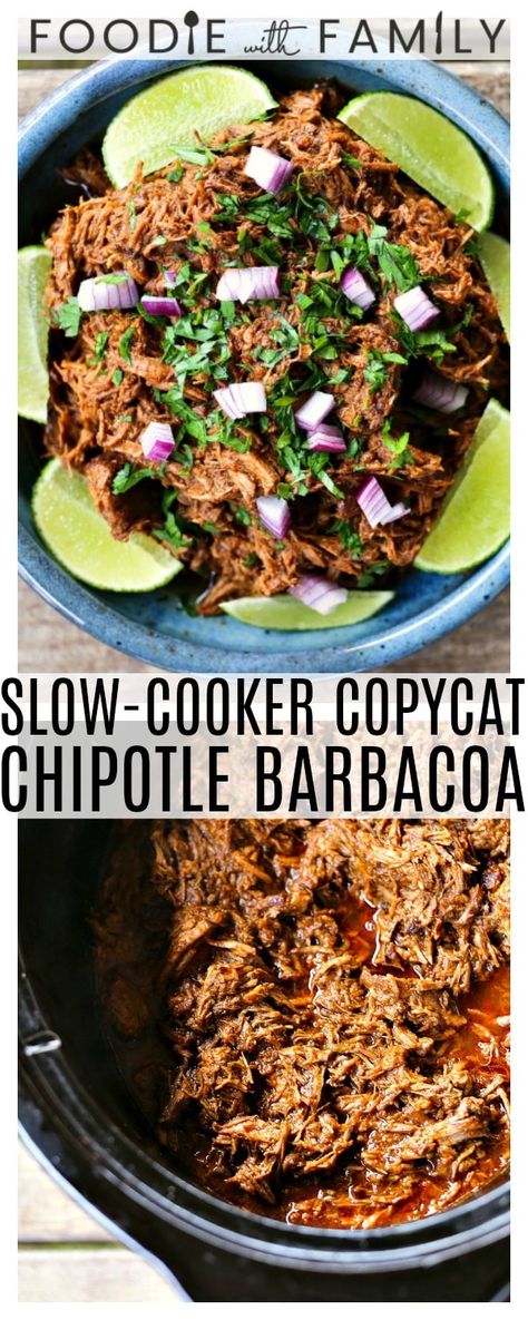 Use your crockpot to make Slow-Cooker Copycat Chipotle Barbacoa {Mexican Barbecue Shredded Beef} Garlicky, tender, shredded beef braised low and slow in a spicy, smoky, flavourful barbecue sauce for flavourful, versatile meals! Copycat Chipotle Barbacoa, Chipotle Barbacoa Recipe, Chipotle Barbacoa, Beef Barbacoa Slow Cooker, Beef Braised, Chipotle Recipes, Copycat Chipotle, Shredded Beef Tacos, Slow Cooker Barbacoa