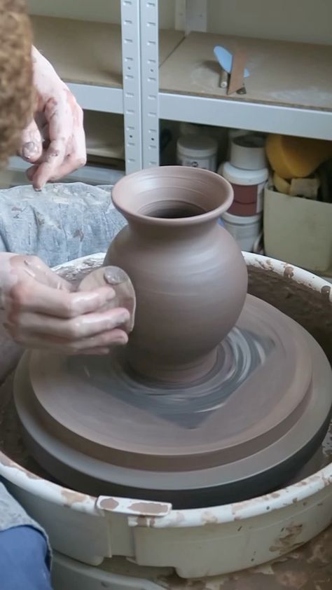 jfclayworks on Instagram: I had a lot of recycled clay lying around, so decided to throw some larger pieces. Here is 2.5kgs thrown into a bellied vase.… Throwing Pottery Vases, Throwing Ideas Pottery, Wheel Thrown Vases, Pottery Vase Ideas, Clay Throwing, Throwing Wheel, Ceramic Wheel, Building Things, Wheel Thrown Ceramics