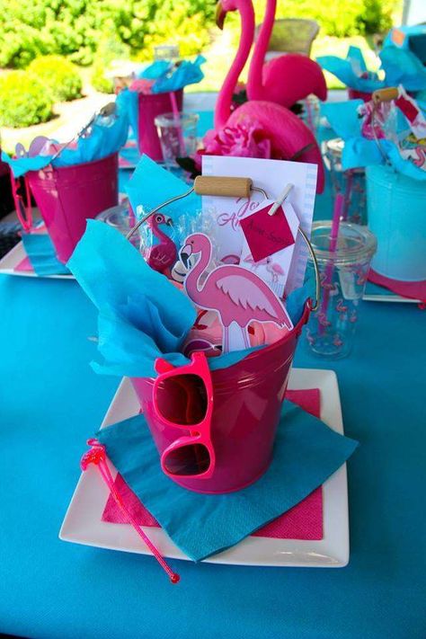 LET'S FLAMINGLE - ANNE-SOPHIE'S POOL PARTY | CatchMyParty.com Unique Pool Party Themes, Lets Flamingle Pool Party, Flamingo Birthday Party Favors, Birthday Decorations Pool Party, 8th Birthday Pool Party Girl, Flamingo Pool Party Decoration, Flamingo Birthday Ideas, Kids Flamingo Birthday Party, Flamingo 2nd Birthday Party