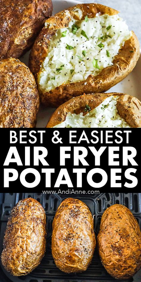 Air fryer baked potatoes are cooked easily using russet potatoes in your air fryer. The potatoes are drizzled with olive oil and seasoned with salt and pepper. They’re cooked in the air fryer for about 35 minutes. The results are crispy skin outside with a tender fluffy inside. Air Dry Baked Potato, Bake Potato In Air Fryer, Air Fry Bake Potatoes, Baked Russet Potatoes In Air Fryer, Cook Russet Potatoes, Airfare Potatoes, Oven Air Fryer Potatoes, Best Baked Potatoes In The Air Fryer, Whole Potatoes In Air Fryer